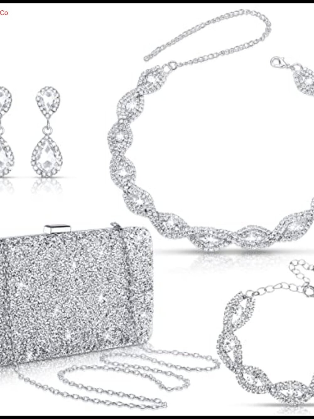 Rhinestone Jewelry Set Necklace Bracelet Earrings Purse Silver Wedding Party